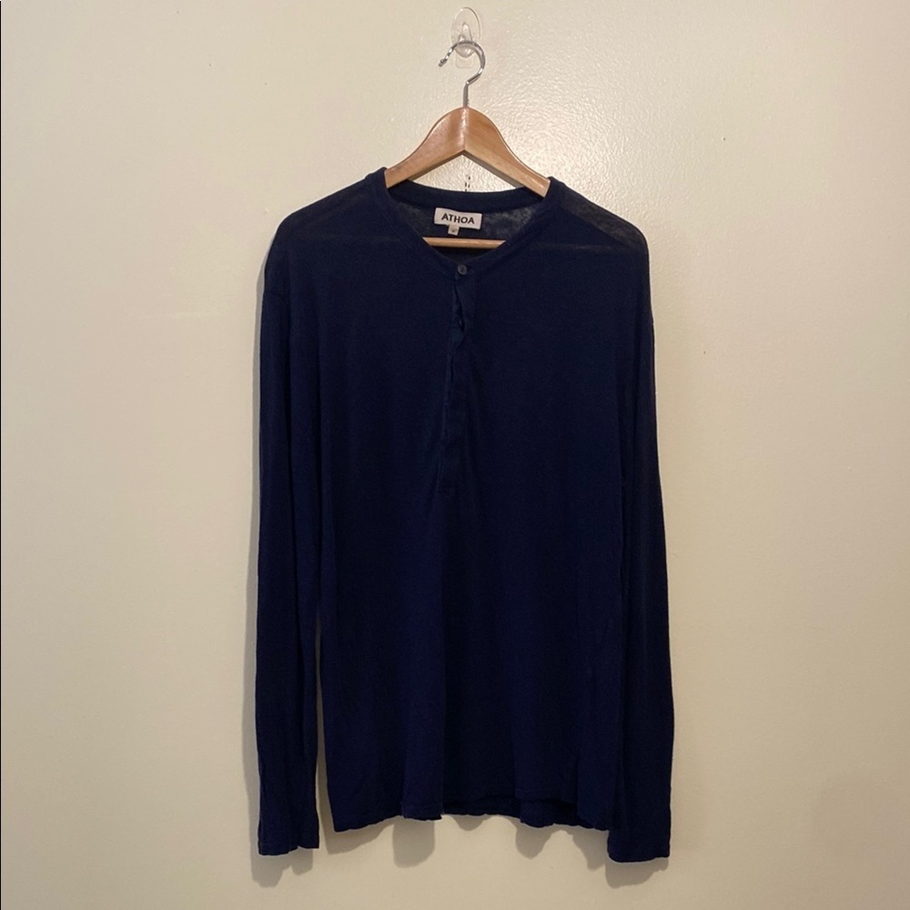 ATHOA Dark Blue Long Sleeve Viscose & Linen Top. Size M